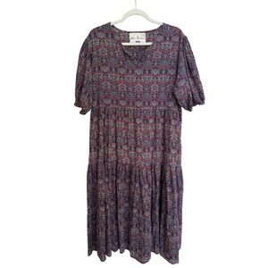 Fox & Hen Navy Red Floral Damask Tiered Midi Dress Womens Puff Sleeve Size XXL